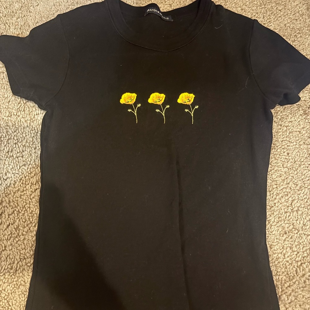 Brandy Melville Black Tee with Yellow Floral Embroidery